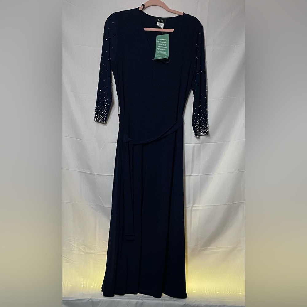 MSK Navy Long Sleeve Dress with Pearl Details